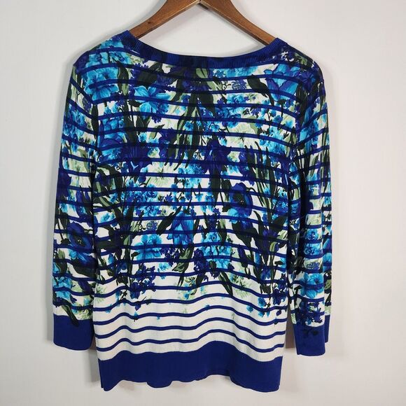 Talbots Womens White Blue Striped Floral Button Up Cardigan Size Large Coastal - Picture 6 of 9